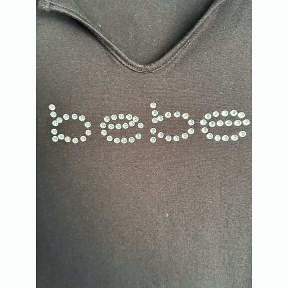 BEBE Y2K Crystal Logo Ruched Sleeveless Midi Dress Size Large Black Stretch 90s - Picture 7 of 11